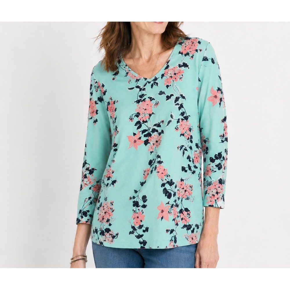 Denim & Co Womens Large Aqua Blue Coral Floral V-Neck 3/4 Sleeve Top L
